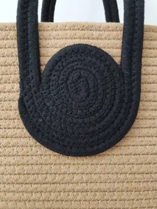 Gewebte Baumwollseil Tasche Strand Handtasche Kontrastfarbe grosse Kapazitaet Shopper.
