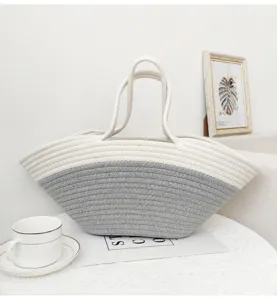 Handgemachte zweifarbige Baumwollseil geflochtene Tasche, Strandurlaub Handtasche mit Henkeln.