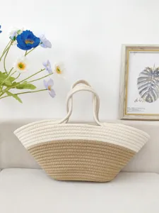 Handgewebte Baumwollseil-Webtasche Minimalistische Farbblock Tote Bag Für Damen Strandurlaub Handtasche Ins-Stil