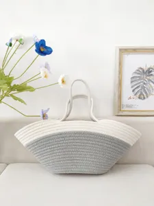 Einfache zweifarbige Baumwollseil geflochtene Handtasche Freizeit Strandurlaub Damen Tasche
