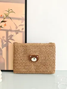 Sac Clutch en Paille Femme Été Enveloppe Tissé Mignon Ours Sac à Main Casual