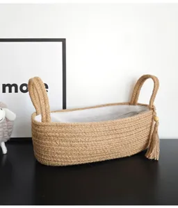 Japanischer Stil Jute gewebter Desktop Aufbewahrungsbehaelter mit Griffen und Quaste