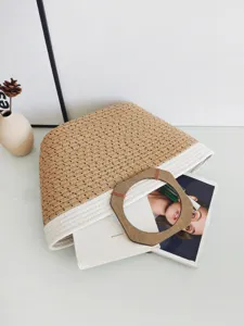 Bolso Tote de Cuerda de Algodón Tejido Con Asas de Madera Bloque de Color Gran Capacidad Bolso de Mano para Mujer Vacaciones Playa