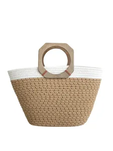 Bolso Tote Tejido de Cuerda de Algodon Bolso de Playa de Verano con Mango de Madera
