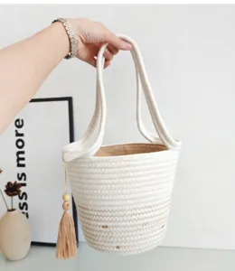 Minimalistische Baumwollseil geflochtene Eimer Handtasche, lässige modische Kosmetik Tragetasche.
