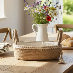 Japanischer Jute Aufbewahrungskorb mit Spitzenborte und Quaste Doppelgriffe Ovaler Stoff Desktop Organizer für Kosmetik Spielzeug Organizer
