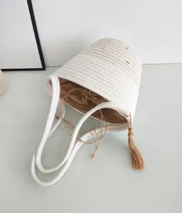 Geflochtene Baumwollseil Eimer Tasche mit Futter und Quaste, lässige Handtasche für Damen.