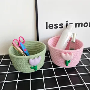 Süßer Cartoon Baumwollseil Gewebter Aufbewahrungskorb Tulpe Desktop Organizer Korb Schreibwaren Kosmetik Aufbewahrungsbox Home Deko Korb
