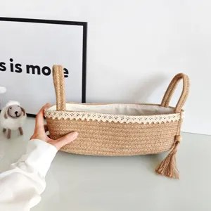 Japanischer Stil Jute gewebter Aufbewahrungsbeutel mit Griff und Spitzenbesatz