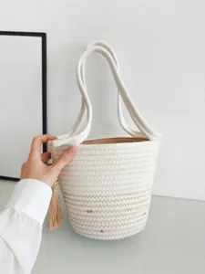 Damen Casual Baumwollseil Gewebte Beuteltasche Quaste Dekorative Handtasche Einfache Einfarbig Handgemachte Strick Tote Bag Strandtasche