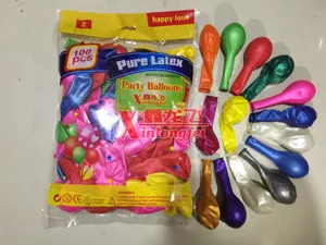 Detailed view of 10-inch latex pearlescent party balloons in assorted vibrant colors.