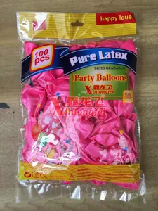 Detailed view of 100pcs pink latex balloons package, perfect for party and wedding decoration setup.