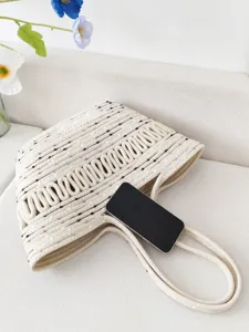 Gewebte Baumwollseil Schultertasche, große Kapazität, hohles Design Strandtasche Urlaub.