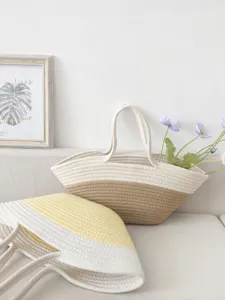 Handgefertigte Baumwollseil gewebte Handtasche Farblock lässige Strandtasche Tasche