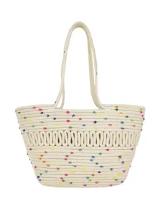 Geflochtene Baumwoll-Tasche für Damen, große Strand-Handtasche mit bunten Punkten und Lochdesign.