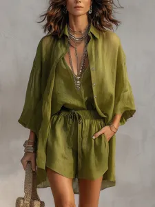 Ensemble décontracté 3 pièces pour femme avec cardigan 3/4, débardeur et short chic.