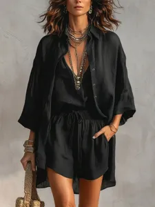 Ensemble décontracté 3 pièces pour femme cardigan noir débardeur short mode été