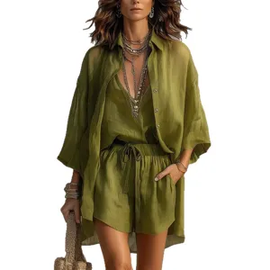 Ensemble 3 pièces décontracté vert olive pour femme cardigan gilet short été mode.