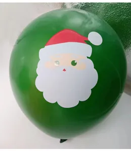 Close up detail of green latex Christmas balloon featuring cute Santa Claus face print decor.