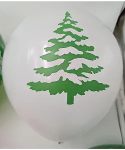White latex balloon with green Christmas tree print, perfect for holiday party decoration.
