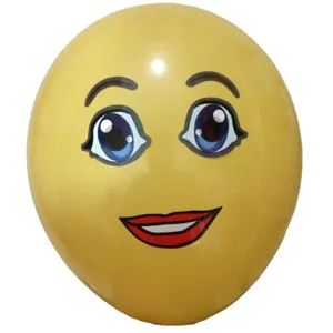 Yellow cartoon face balloon with big blue eyes and smiling red lips for kids parties