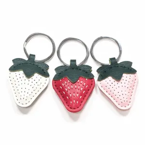 Cute Genuine Leather Strawberry Bag Charm Handmade Sheepskin Fruit Keychain Pendant With Printed Ribbon Strap For Women Car Rearview Mirror Hanging Ornament