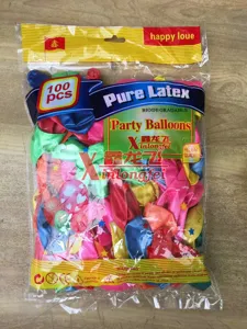 Close-up detail of a 100pcs colorful latex party balloons package, perfect for celebrations.