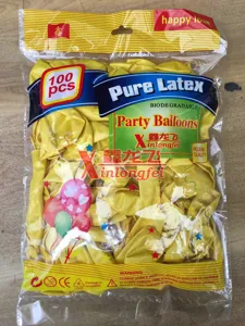 Yellow latex party balloons 100 pcs pack detail view, thick quality balloons for birthday events.