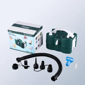 Electric air pump with multiple nozzles, dual motor inflation tool for balloons and inflatable items.