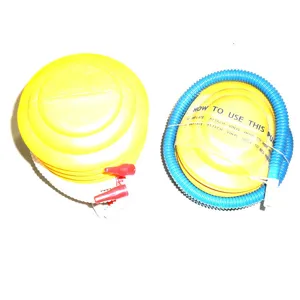 Portable foot pump with flexible hose for balloons and inflatables, yellow bellows design.
