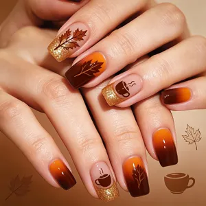 Unghie a Pressione con Foglia d'Acero Autunno Inverno Unghie Finte Quadrate con Polvere d'Oro Set da 24 Pezzi Punte per Unghie Caffè Marrone Sfumato per Donna
