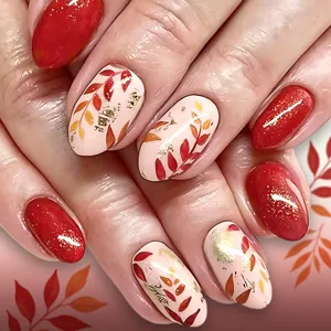 Autumn Winter Short Almond Press On Nails Glitter Glossy Detachable Fake Nails With Maple Leaf Gold Foil For Women Nail Art Decor