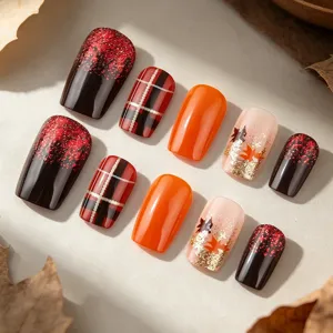 Autumn winter press on nails set caramel plaid maple leaf glitter false nails 24pcs