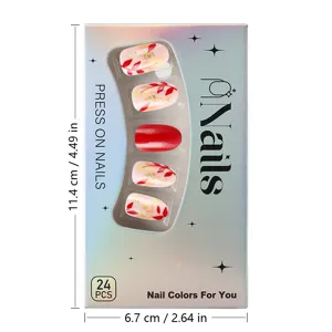 Autumn short almond press on nails 24pcs red gold leaf glitter false nail set for women.