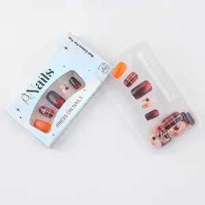 Autumn press on nails 24pcs caramel plaid maple leaf glitter false nails set chic style