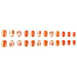 Set di unghie finte corte quadrate autunnali con foglie e pois, 24 pezzi unghie finte lucide eleganti.