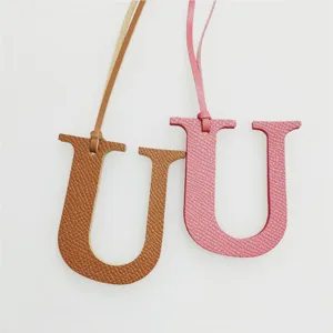 Capital Letter U Cowhide Leather Bag Charm Minimalist Litchi Texture Purse Pendant With Microfiber Cord Name Initial Hanging Decoration Accessory For Handbag Keychain Backpack