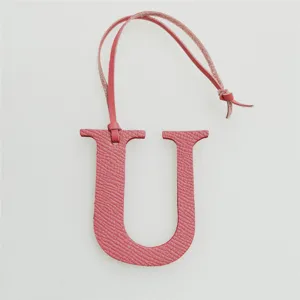 Pink leather letter U bag charm initial pendant purse accessory with hanging strap