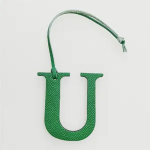 Green leather letter U bag charm, alphabet initial pendant for purses and handbags accessory.