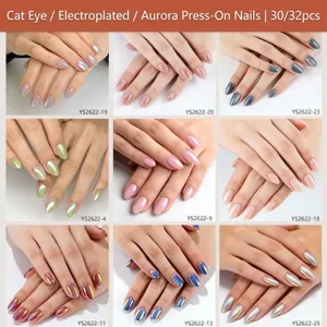 Detailed press-on nail collage showcasing various cat eye and electroplated styles.