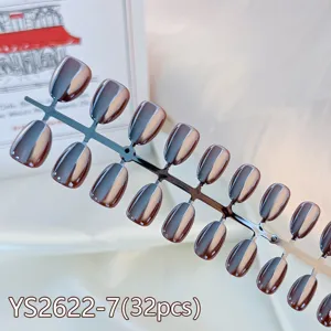 Detail shot of short round press-on nails 32pcs aurora cat-eye solid color manicure set.