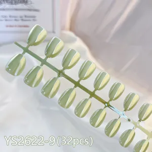 Short round press-on nails detail, electroplated aurora cat eye green, 32pcs set.
