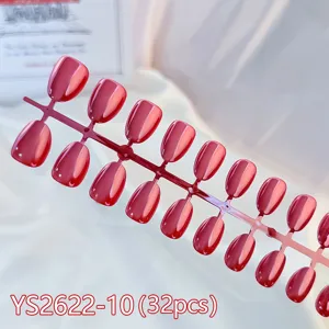 Detailed view of short round 32 pcs solid color electroplated aurora cat-eye press-on nails.