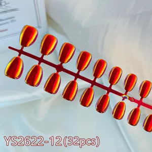 Short round press-on fake nails, 32 pcs set with stunning aurora cat-eye electroplated color.