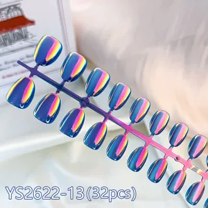 Detailed close-up of short round press-on nails with stunning electroplated aurora cat-eye.