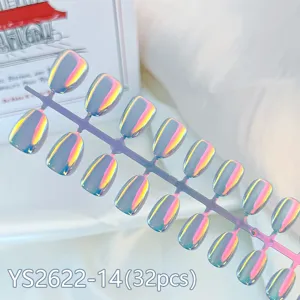 Detail view of short round 32pcs solid color electroplated aurora cat eye fake nails.