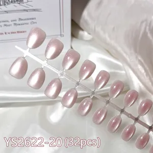 Short round 32pcs solid color aurora cat eye press-on nails, elegant pink design for daily wear.