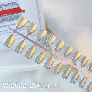 Detailed close-up of short round 32pcs aurora cat eye press-on nails, smooth glossy finish.