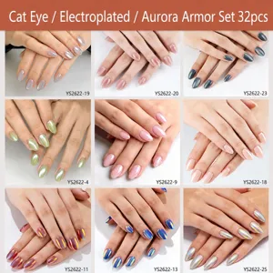 32 Pcs Short Round Press On Nails Solid Color Electroplated Aurora Cat Eye Effect Fake Nails For Women Daily Wear Jewelry