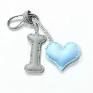 Handmade leather letter I and blue heart bag charm keychain, stylish car pendant.